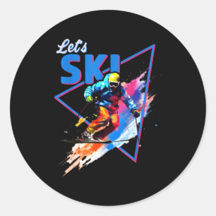 Retro skiing powder vintage ski color shred design classic round sticker