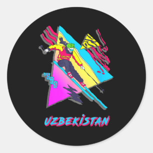 Retro skiing style uzbekistan adventure ski skier classic round sticker