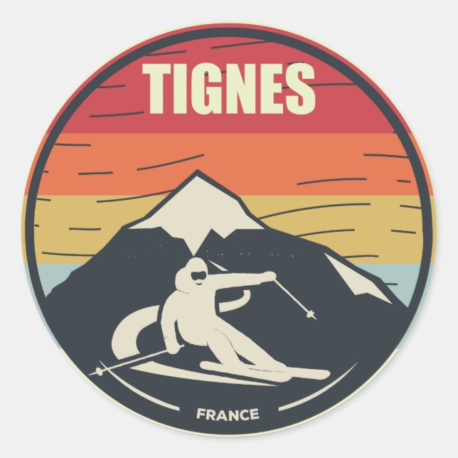 Retro Skiing Tignes France Ski Classic Round Sticker (Front)
