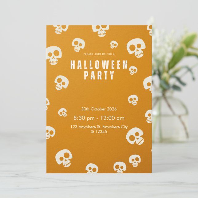Retro Skull Halloween Party Invitation | Orange Sp (Standing Front)
