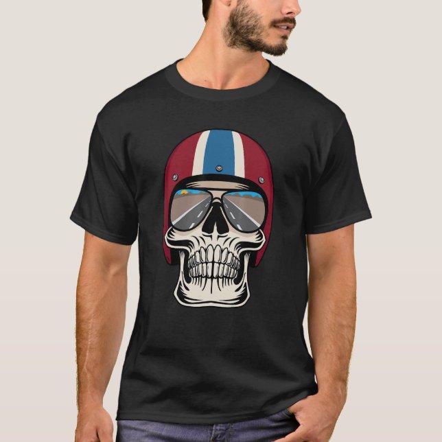 Retro Skull With Helmet And Sunglasses Design T-Shirt (Front)