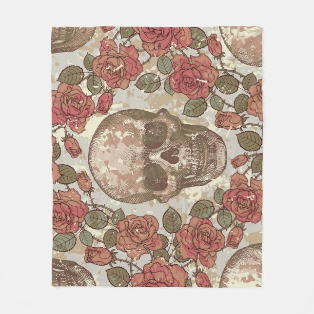 Retro Skulls and Roses Ornament Fleece Blanket (Front)