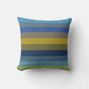 Retro Sky Blue & Mustard Horizontal Stripes Cushion