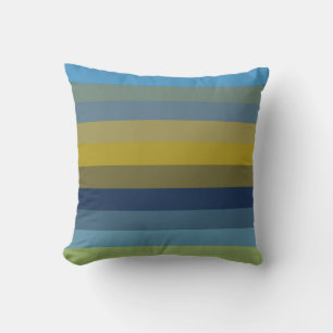 Retro Sky Blue & Ochre Horizontal Stripes  Cushion