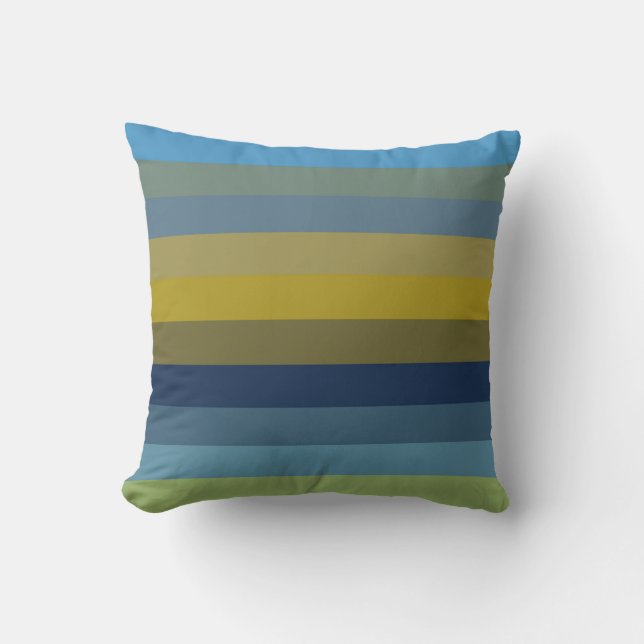 Retro Sky Blue & Ochre Horizontal Stripes  Cushion (Front)