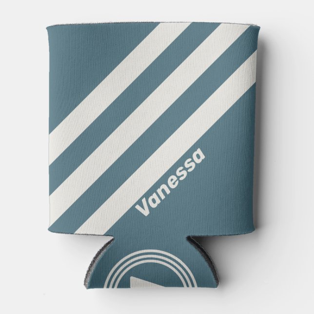Retro Slate Grey Three Stripes with Name Can Cooler (Front)