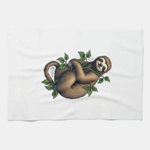 Retro Sloth Line Art Vintage Tee (4) Tea Towel