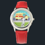 Retro Small Town Milkman Kid's Watch<br><div class="desc">If you have a thirst for a mid century modern design, this Retro Small Town Milkman Kid's Watch is for you! The 1960's style, minimalist art design features a dedicated, milkman making his morning rounds. The blonde man is wearing milky white pants, shirt and hat with a black bow tie,...</div>