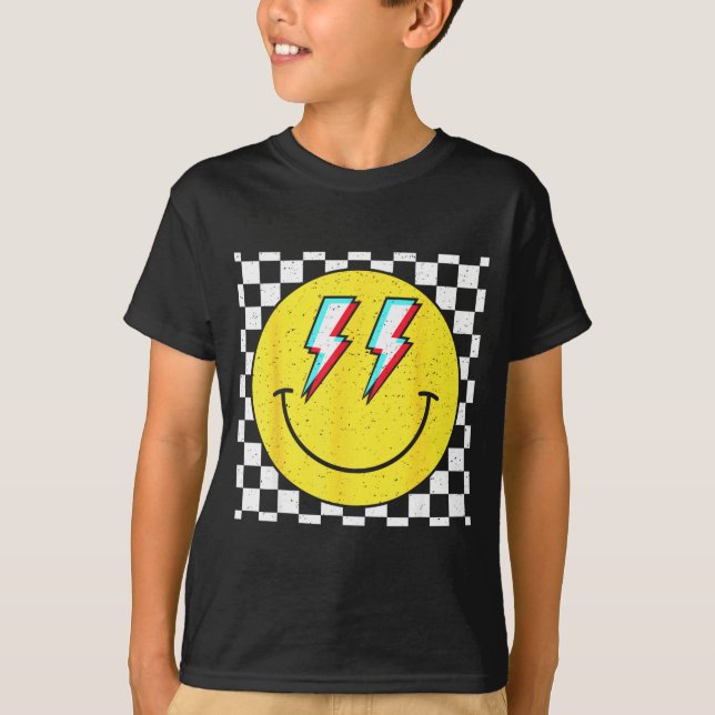 Retro Smile Face Checkered Pattern Preppy Happy Fa T-Shirt (Front)