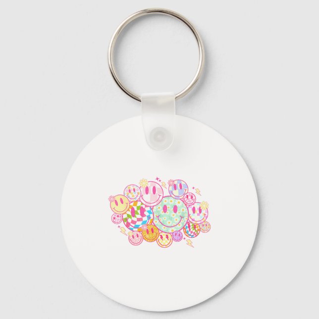 Retro Smile Face Flower Happy Face Checkered Patte Key Ring (Front)