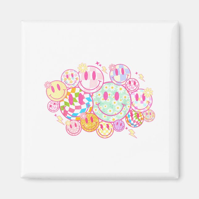 Retro Smile Face Flower Happy Face Checkered Patte Magnet (Front)