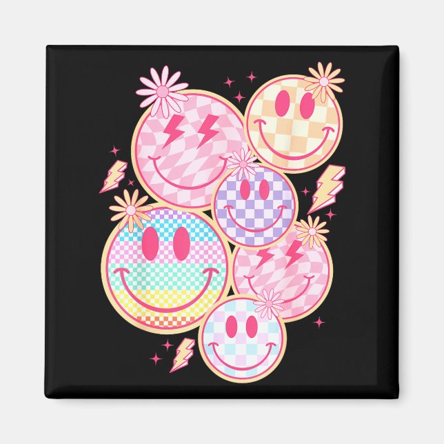 Retro Smile Face Flower Happy Face Checkered Patte Magnet (Front)
