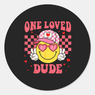 Retro Smile Face One Loved Dude Valentines Day Men Classic Round Sticker