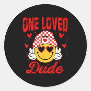 Retro Smile Face One Loved Dude Valentines Day Men Classic Round Sticker