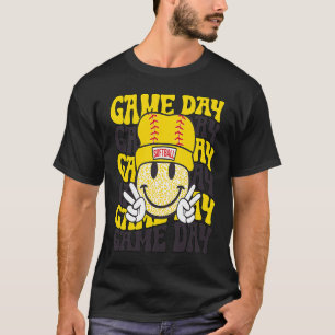 Retro Smile Face Softball Game Day Vibes Softball  T-Shirt