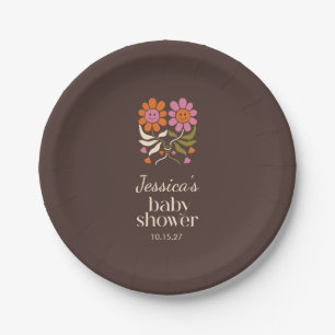 Retro Smile Flowers Personalised Baby Shower Brown Paper Plate