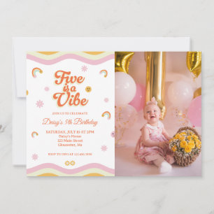 Retro Smiles Five is A Vibe 5th Birthday Photo Invitation