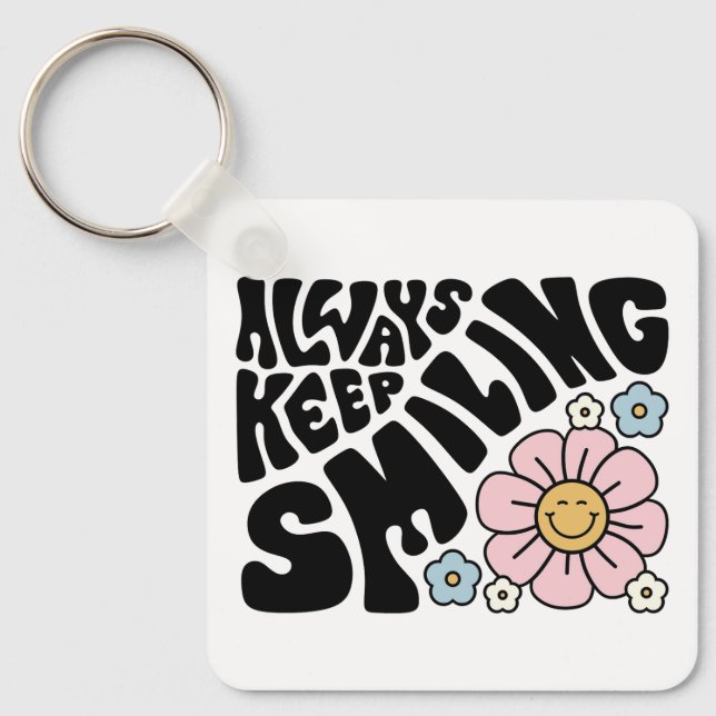 Retro Smiley Face Flower Positive Quote Key Ring (Front)