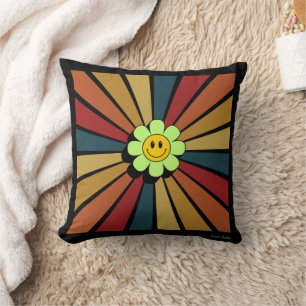 Retro Smiley Flower Throw Pillow