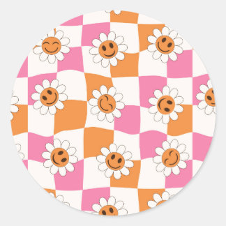 Retro Smiling flowers on warped checkerboards Classic Round Sticker