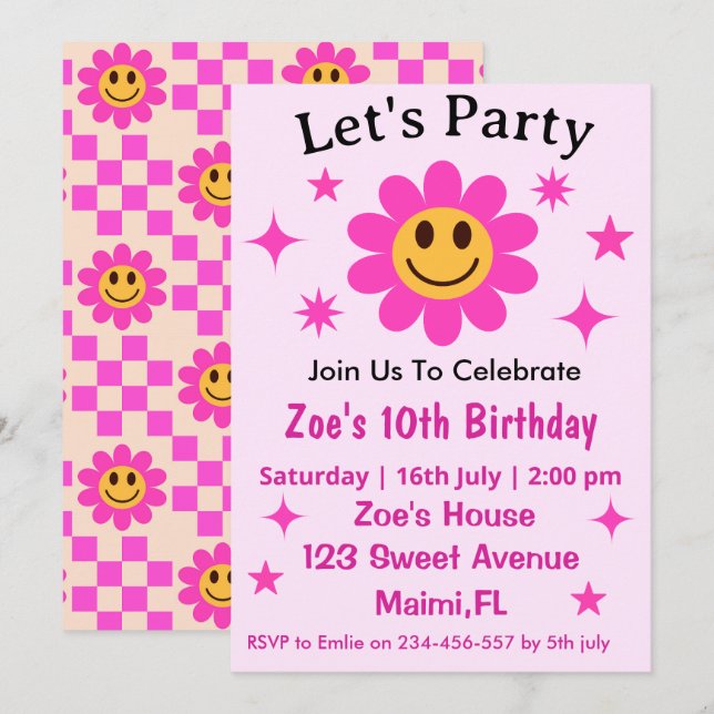 Retro Smiling Pink Flower Chequered Girl Birthday  Invitation (Front/Back)