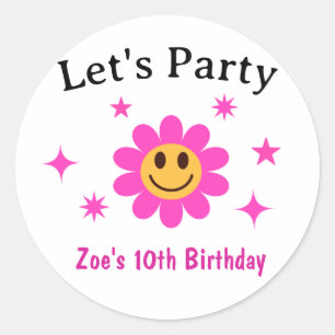 Retro Smiling Pink Flower Girl Birthday  Classic Round Sticker