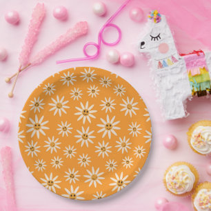 Retro Smiling white Flowers Pattern  Paper Plate