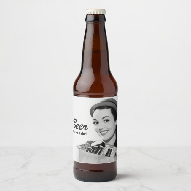 Retro Smiling Woman 1950's Holding Bag of Beer Beer Bottle Label (Front)