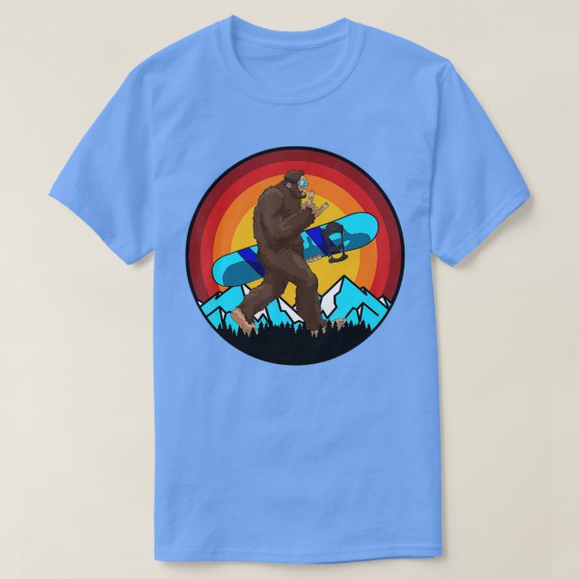 Retro Snowboarding Sunset Bigfoot Rock On for Snow T-Shirt (Design Front)