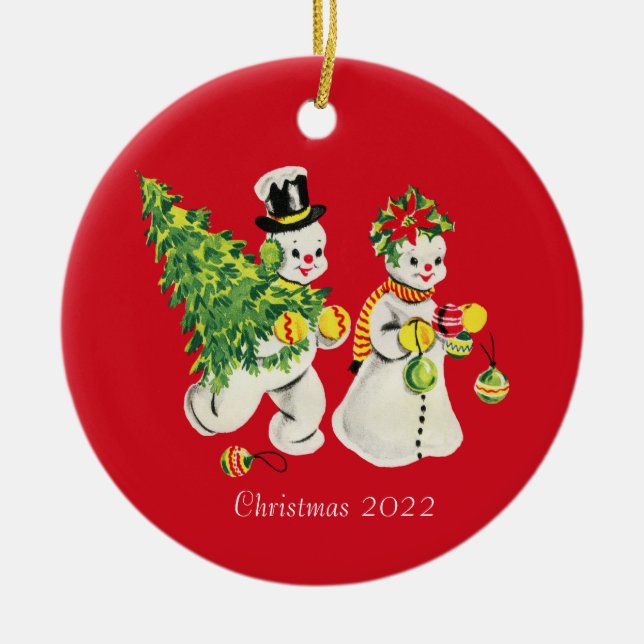 Retro Snowcouple Ceramic Ornament (Front)