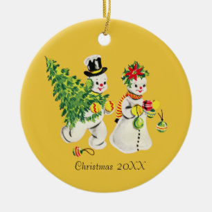 Retro Snowcouple Ceramic Tree Decoration