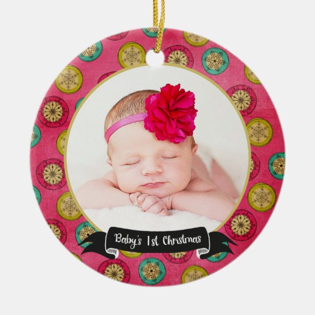 Retro Snowflakes Baby's 1st Christmas Ornament (Front)
