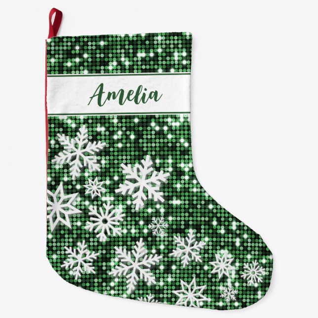 Retro Snowflakes Green Christmas Personalised Large Christmas Stocking (Front)