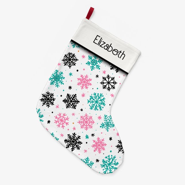 Retro Snowflakes Large Christmas Stocking (Front (Hanging))