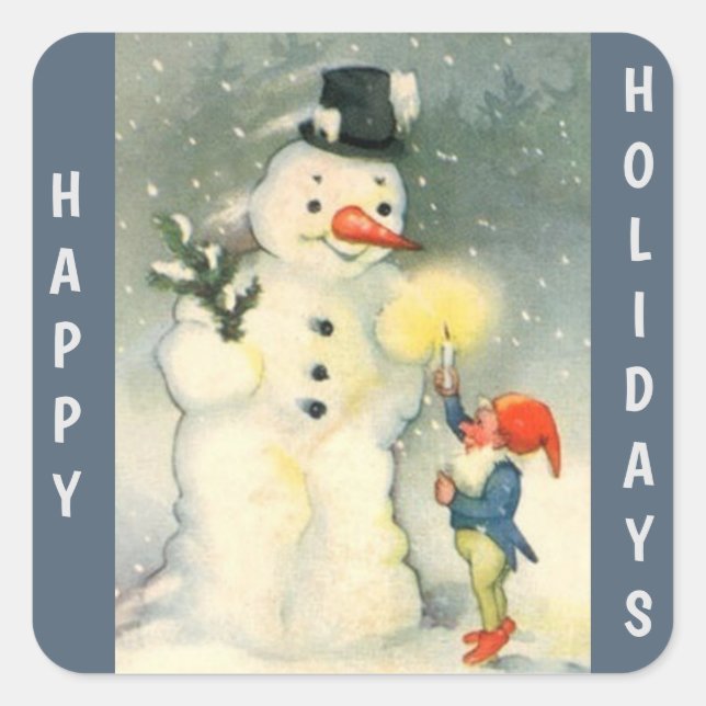 Retro Snowman and Elf Christmas Square Sticker (Front)