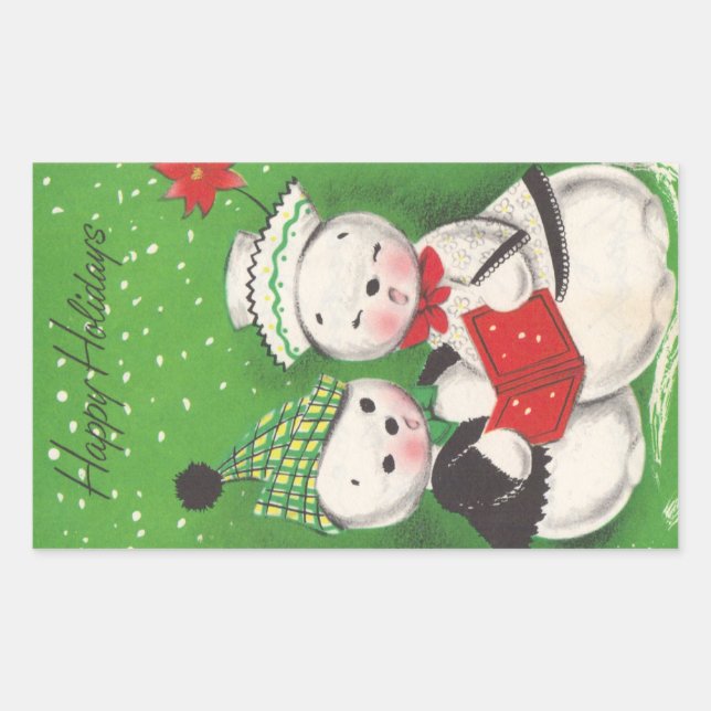 Retro Snowman Christmas Rectangular Sticker (Front)