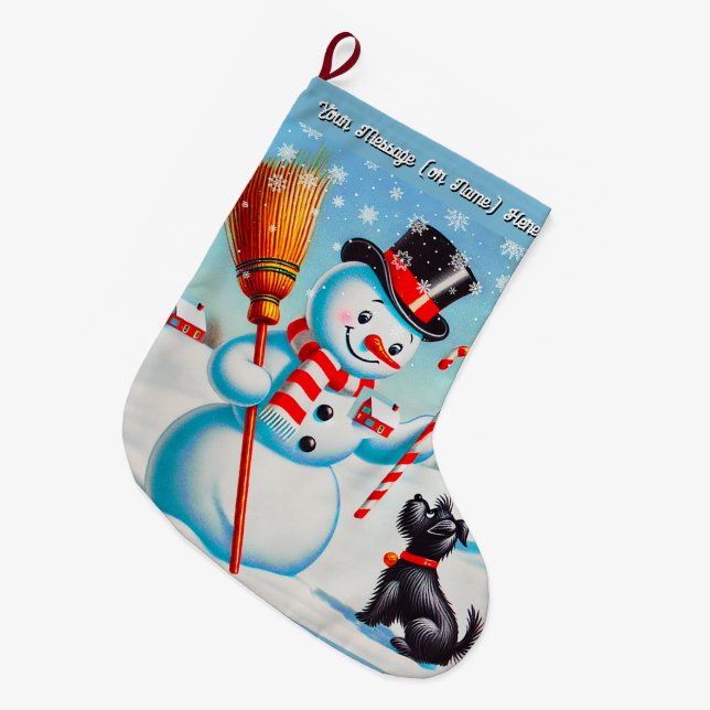 Retro Snowman, Cute Dog, Red Cardinal And Trees Large Christmas Stocking (Front (Hanging))