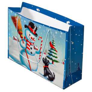 Retro Snowman, Cute Dog, Red Cardinal And Trees Large Gift Bag