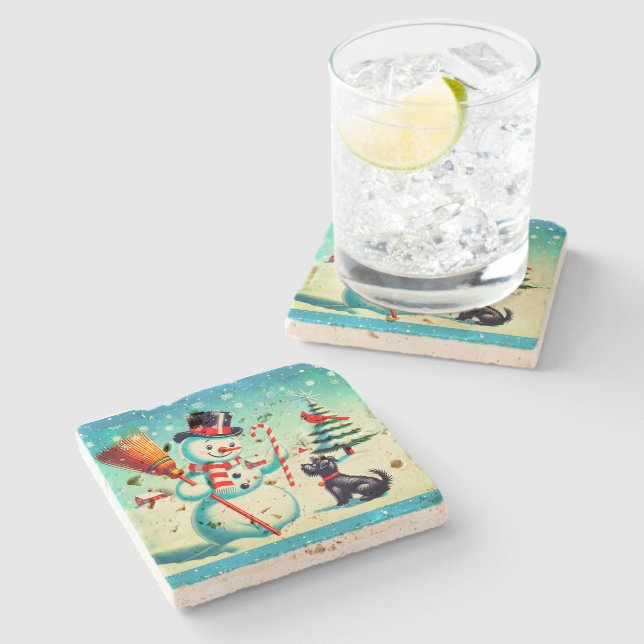 Retro Snowman, Cute Dog, Red Cardinal And Trees Stone Coaster (Side)