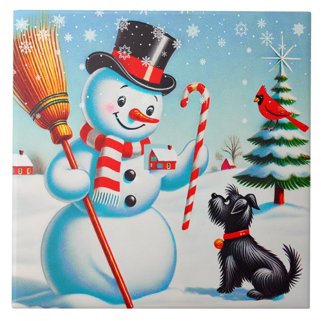 Retro Snowman, Cute Dog, Red Cardinal And Trees Tile (Front)