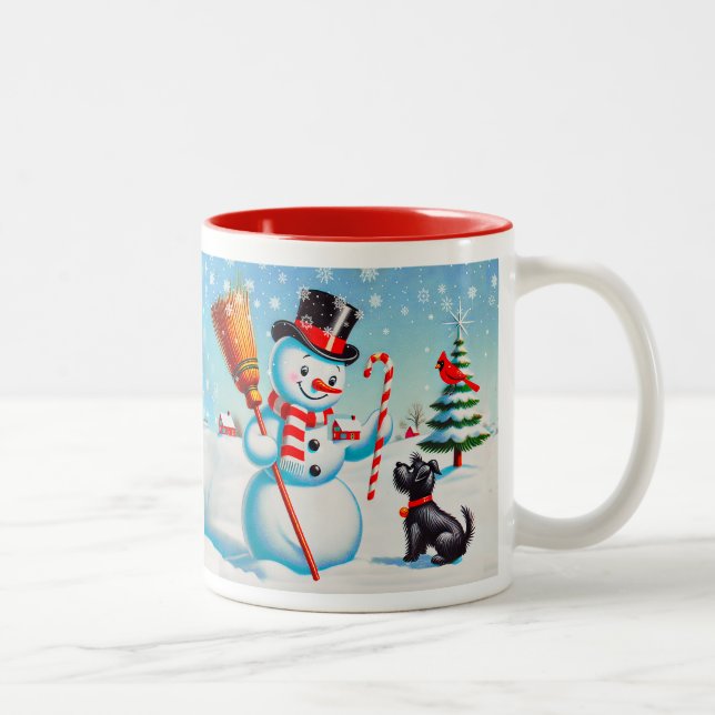 Retro Snowman, Cute Dog, Red Cardinal And Trees Two-Tone Coffee Mug (Right)