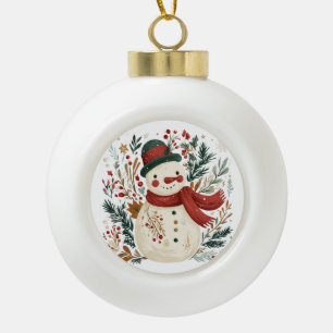 Retro Snowman in Winter Greenery Ceramic Ball Christmas Ornament