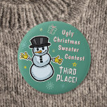 Retro Snowman Ugly Christmas Sweater Contest 3rd 6 Cm Round Badge<br><div class="desc">These cute, retro snowman buttons make the perfect prize for the winners of your Ugly Christmas Sweater Contest! They include a smiling vintage-looking snowman with mid-century modern icons and the words "Ugly Christmas Sweater Contest / Third Place!" You can also use the easy text field to customise the words or...</div>