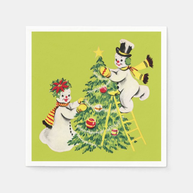 Retro Snowmen Decorate Tree for Christmas Napkin (Front)