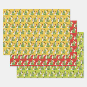 Retro Snowmen Decorate Tree for Christmas Wrapping Paper Sheet