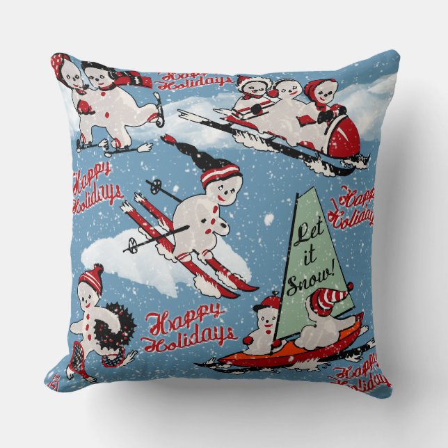 Retro Snowmen Winter Sports on Blue Cushion (Front)