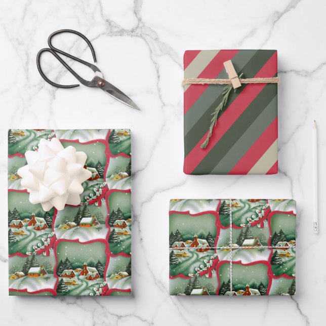 Retro Snowy Christmas Houses Wrapping Paper Sheet (Front)
