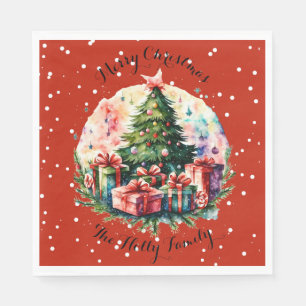 Retro Snowy Christmas Scene, Tree, Gifts, Napkin