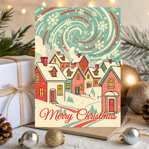 Retro Snowy Christmas Village Blizzard Holiday Card
