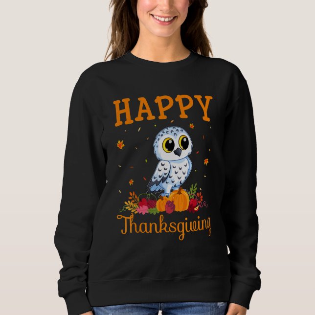 Retro Snowy Owl Happy Thanksgiving Matching Family Sweatshirt (Front)